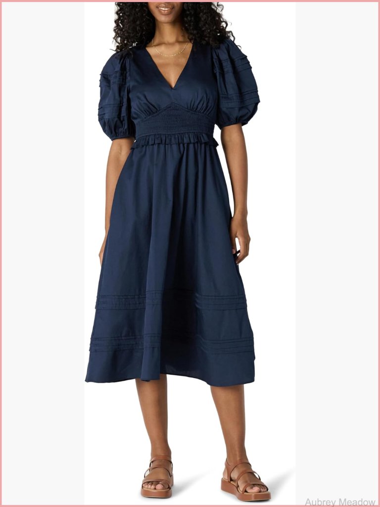 Women's Cotton Sateen Puff Sleeve Midi Dress With Belt